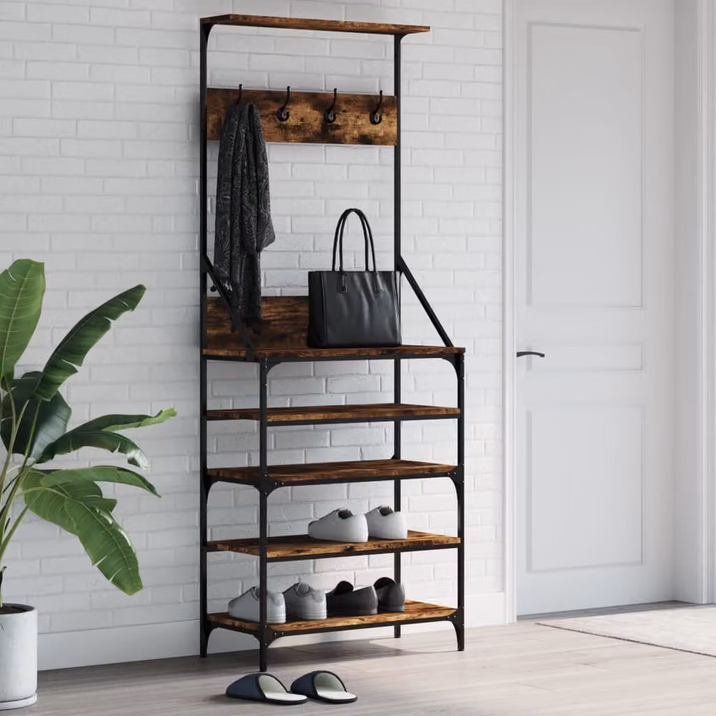 vidaXL Appendiabiti con Porta Scarpe in Rovere Fumo, L 70 cm x P 34 cm x H 184 cm