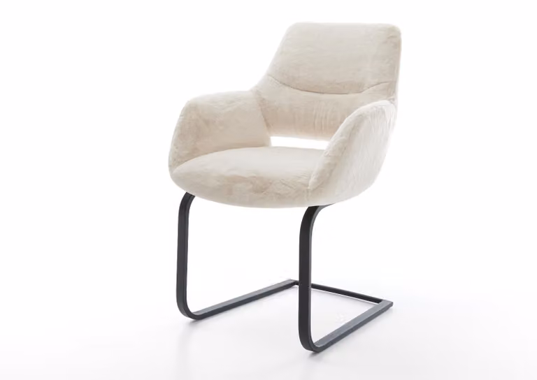 DELIFE Sedia a sbalzo Yago-Flex con braccioli, rivestimento in peluche bianco crema, base a sbalzo piatta nera, molle insacchettate