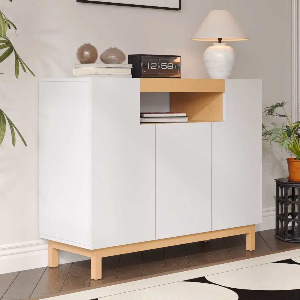 Credenza moderna Mivray con tre ante e vano aperto, finitura bianca opaca, ideale per soggiorno o camera da letto, L/P/H: 120.5 x 42 x 96 cm – 2
