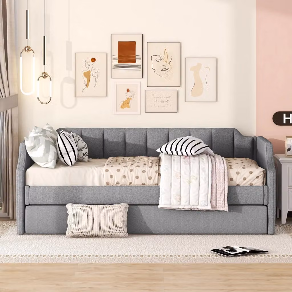 Letto singolo Chicfurn con letto estraibile e cuscini imbottiti, colore grigio, L/P/H: 90 x 200 x 81 cm – 2