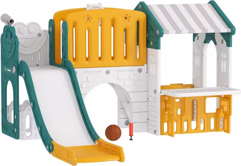 Scivolo Moonbite 7-in-1 per bambini, con casetta da gioco, parete da arrampicata, canestro da basket, telescopio, tunnel e lavagna, adatto a bambini fino a 30 kg, dai 1 ai 4 anni, realizzato in plastica HDPE, colore giallo