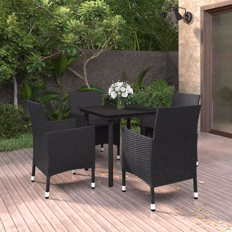 Set da pranzo da giardino vidaXL in polyrattan nero con tavolo in vetro e 5 sedie con cuscini