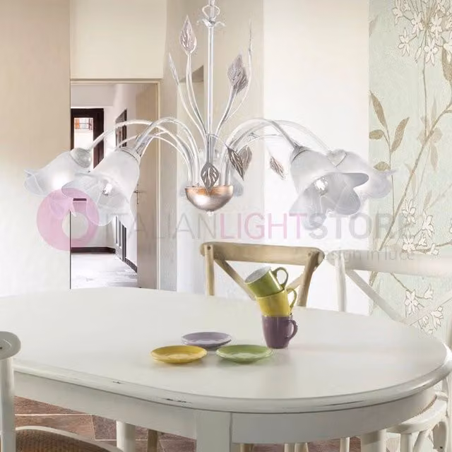 Lampadario a sospensione in metallo e vetro con 5 luci, stile classico, disponibile in bianco, oro/ottone o argento – 1