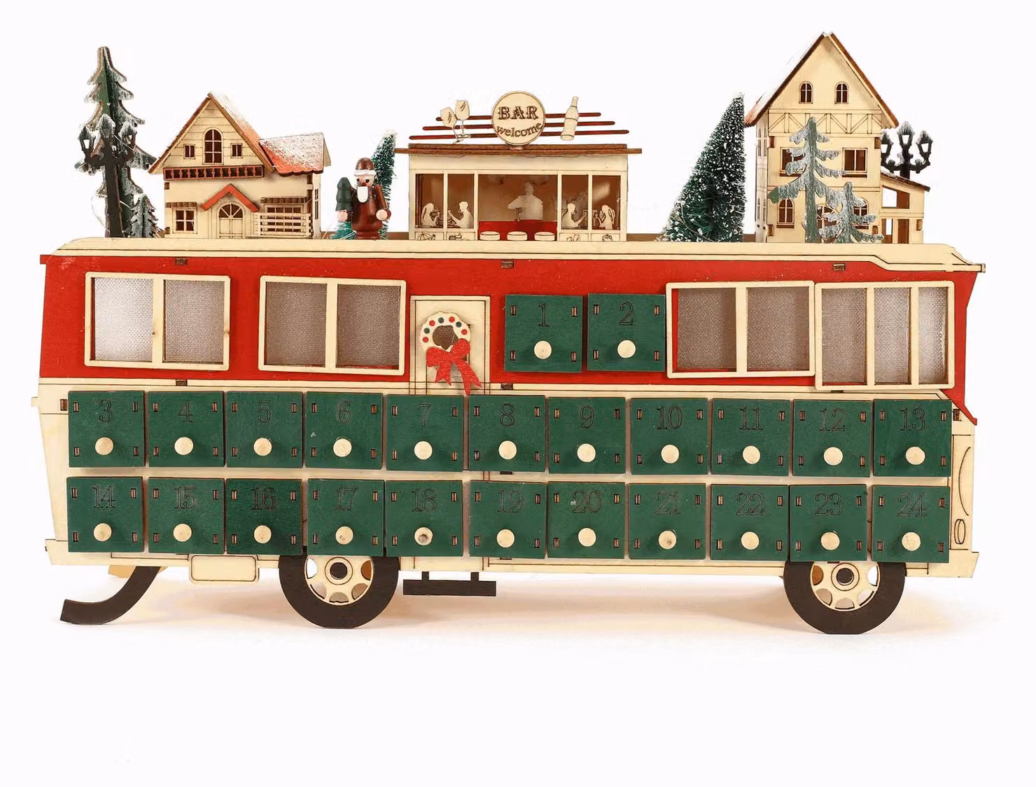 Calendario dell'Avvento in legno Calendario dell'Avvento di Natale con 24 cassetti, con LED, Calendario di Natale riutilizzabile, con 24 ante,