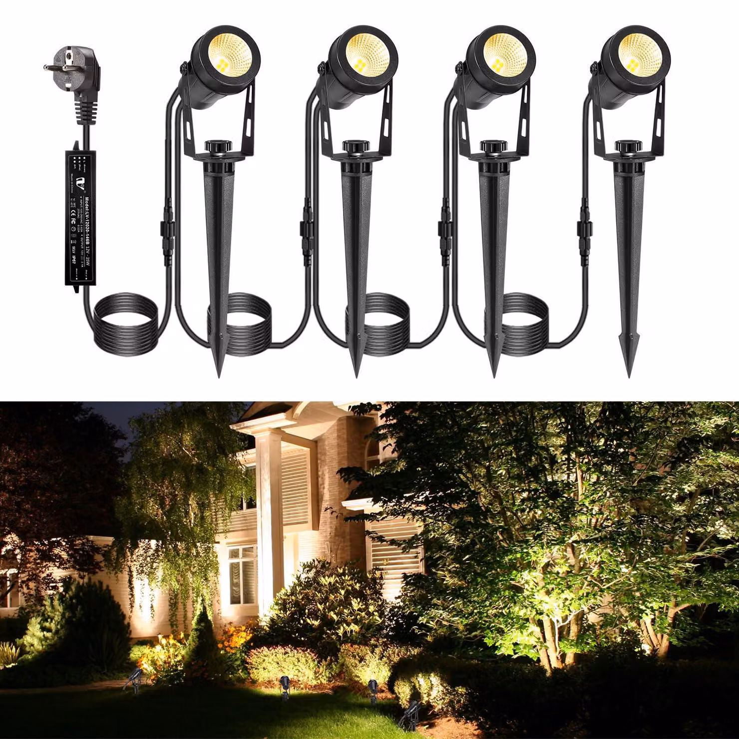 Confezione da 4 faretti LED da 12W, cavo da 15 metri, grado di protezione IP65, luce bianca calda a 2700K
