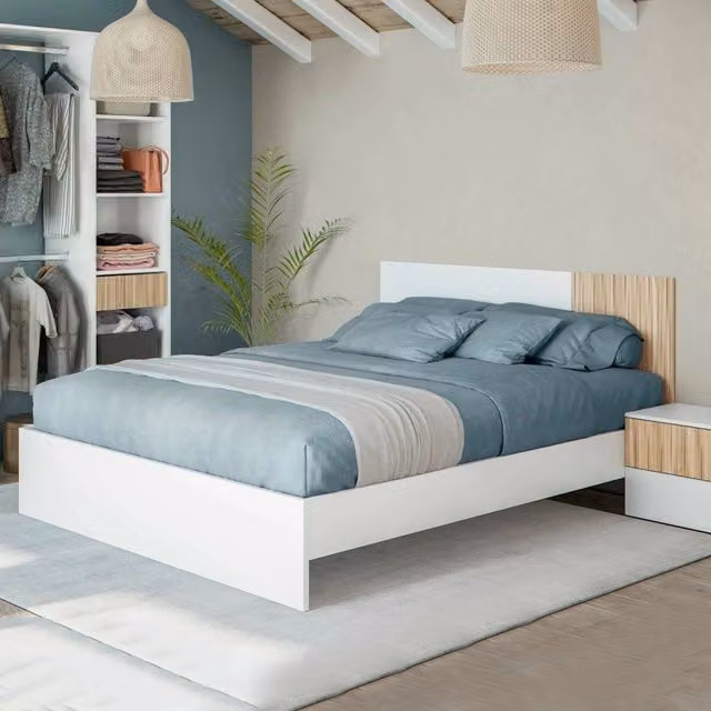 Testiera letto Armony DMORA con 2 comodini integrati, Set per camera da letto, L: 266 cm, P: 34 cm, H: 89 cm, Bianco e Rovere