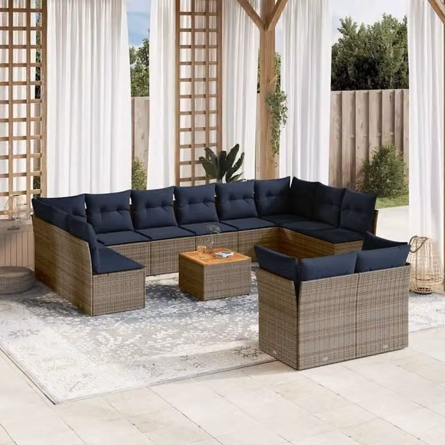 Set di Divani da Giardino a Forma di U vidaXL in Polyrattan con Cuscini Grigio e Blu e Tavolino da Esterno – 1