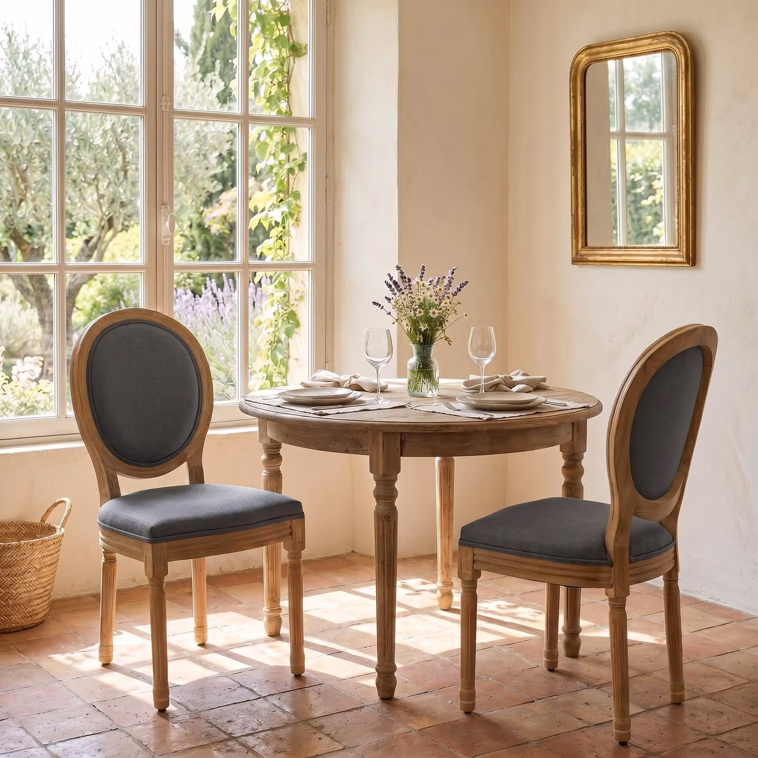 LVHOM Set di 2 sedie da pranzo, poltroncine imbottite con motivo a medaglione, rivestite in lino, stile vintage, sedie da cucina in legno di gomma, stile rustico, colore grigio