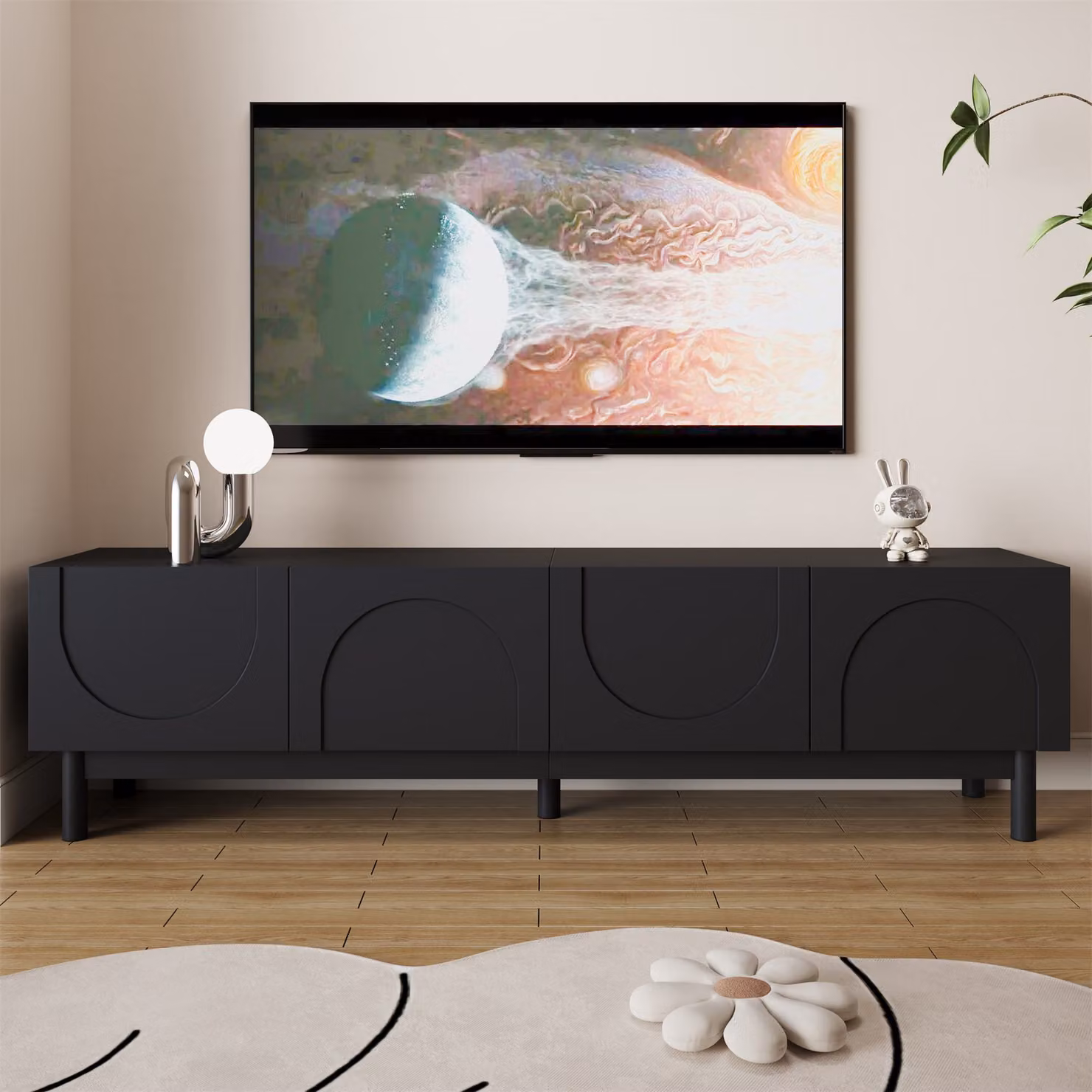 Mobile TV moderno GL Store con ante bombate in legno e MDF, Nero opaco, L: 169 cm, P: 35 cm, H: 45,5 cm – 2