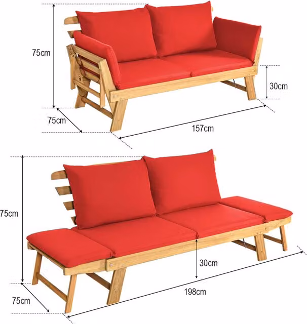 Divano letto da giardino daybed in legno di acacia rosso convertibile robusto per terrazzo 198 x 75 x 75 cm