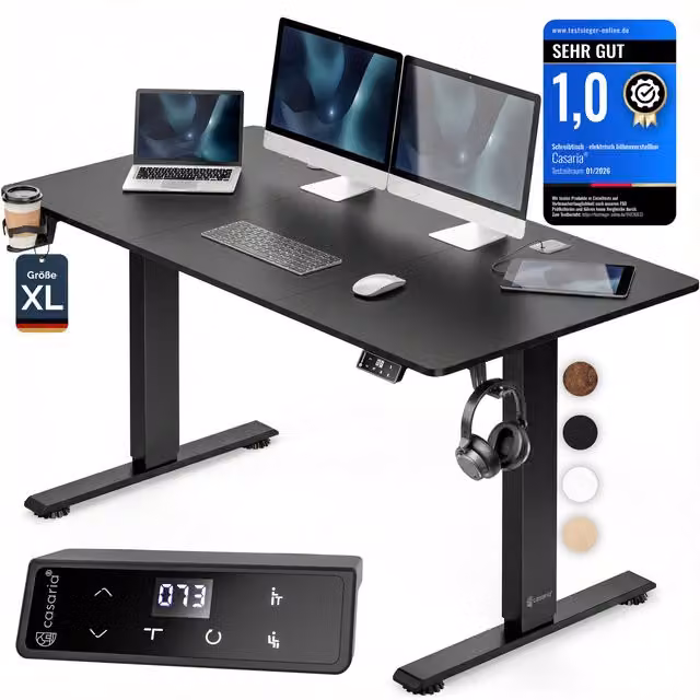 Scrivania gaming regolabile in altezza CASARIA nera con piano in MDF laminato e struttura in metallo L: 160 cm, P: 70 cm, H: 72-117 cm
