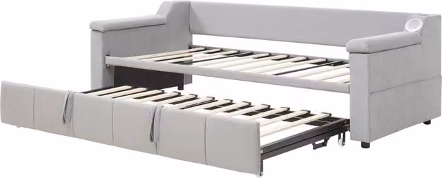 Divano letto imbottito 90/180x190 cm con Bluetooth, USB e ripiani, tessuto velluto grigio chiaro