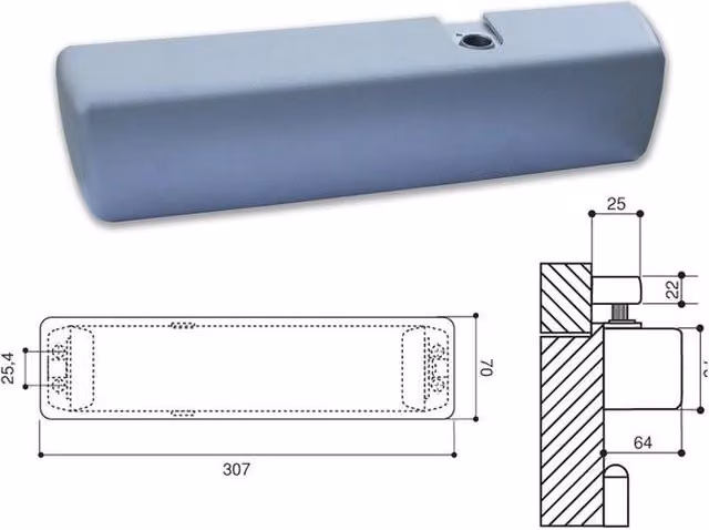 Chiudiporta aereo Assa Abloy DC340 con pignone e cremagliera in acciaio colore argento, certificato EN1154, forza EN1-4/EN2-6