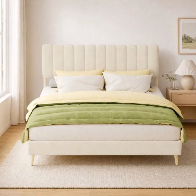 Letto imbottito Mivray con testiera morbida in velluto beige e struttura in metallo L/P: 160 x 200 cm