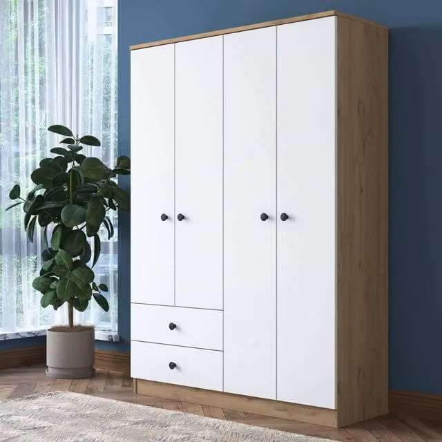 Armadio da camera da letto moderno DMORA con ante a battente e cassetti interni, finitura opaca, L: 120 cm, H: 170 cm, colore marrone e bianco
