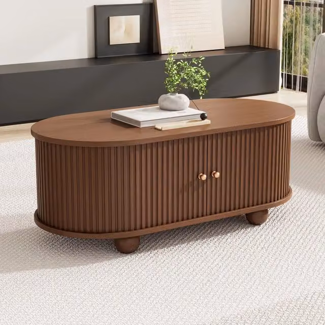 Tavolino da caffè Minimal con piano ovale e gambe a quattro punte, colore marrone effetto legno, L: 100 cm, P: 50 cm, H: 40 cm