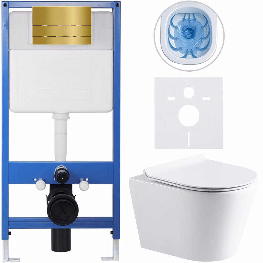 CERANO - Set completo per WC da incasso Lite/Norbi - bianco lucido - pulsante per WC Line, dorato - installazione a parete - 48,5x36,5 cm