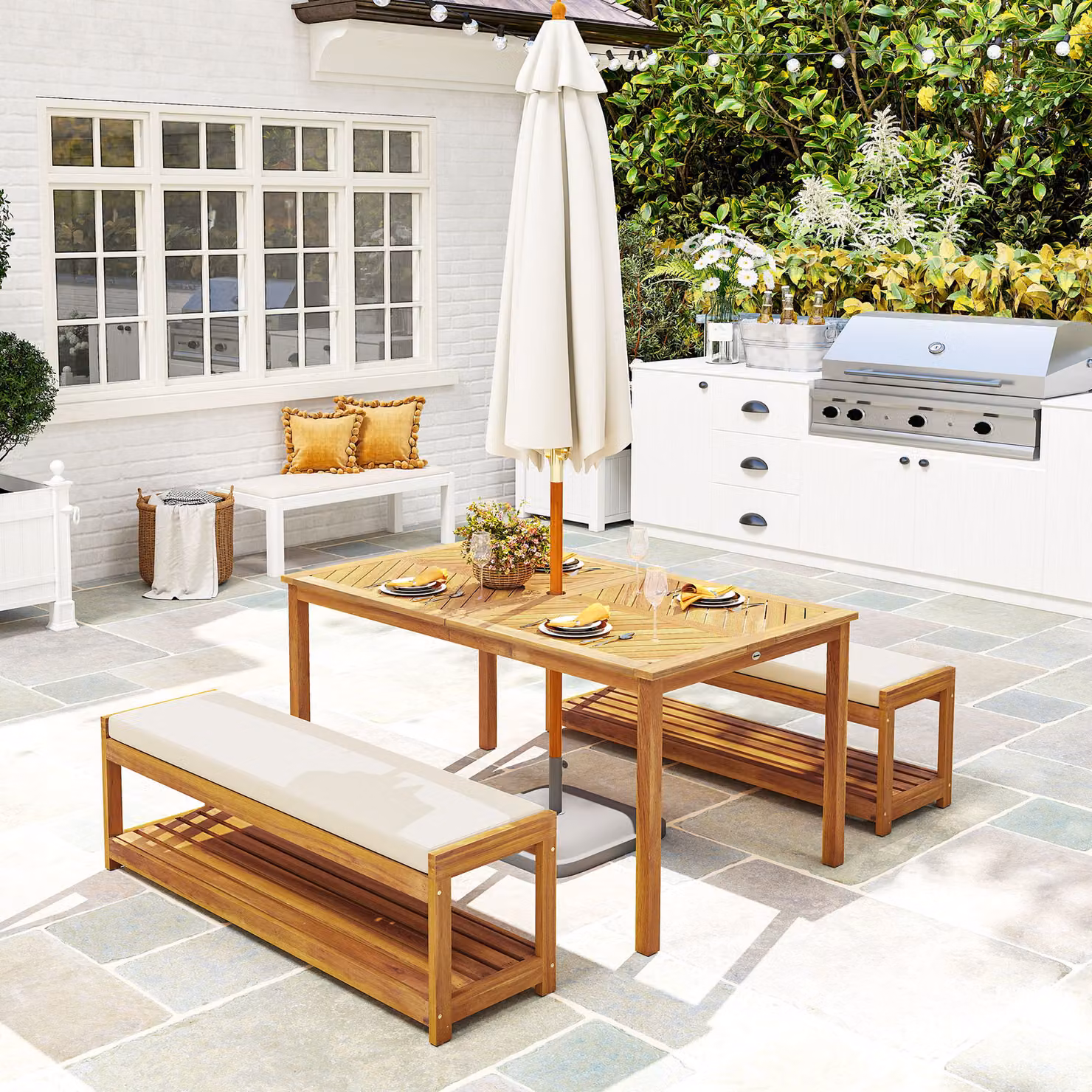Set da giardino Outsunny in legno di acacia marrone composto da tavolo da pranzo con foro per ombrellone e 2 panche L/P/H: 150 x 85 x 75 cm – 2