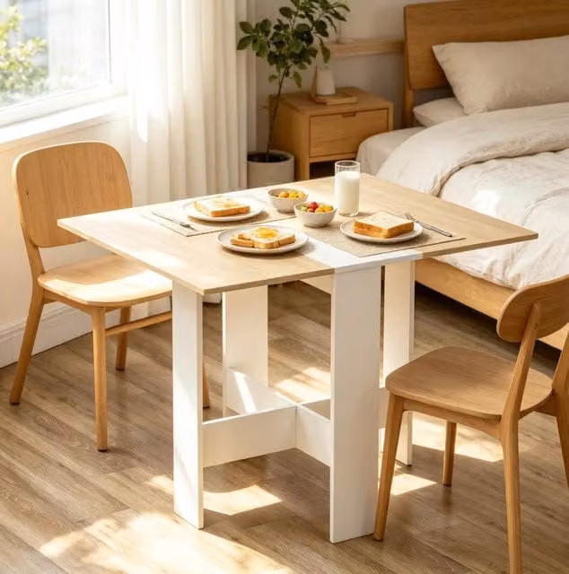 Tavolo pieghevole da pranzo in MDF bianco e rovere, 103x76x74 cm