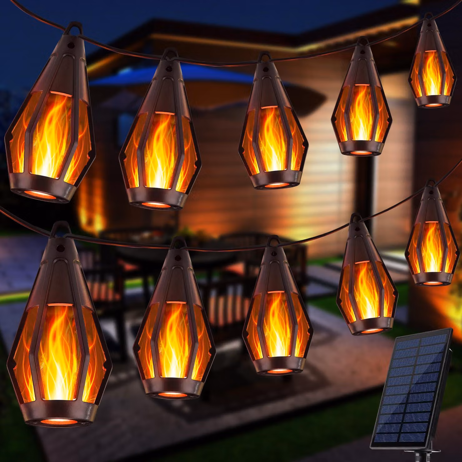 Catena luminosa solare, lunghezza 12,6 metri, 15 lampade con 10 LED ciascuna, luce bianco caldo