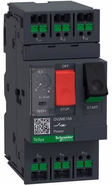 Interruttore di protezione motore Schneider GV2ME10A 3 poli 4-6,3 A, comando a pulsante, SnapIN