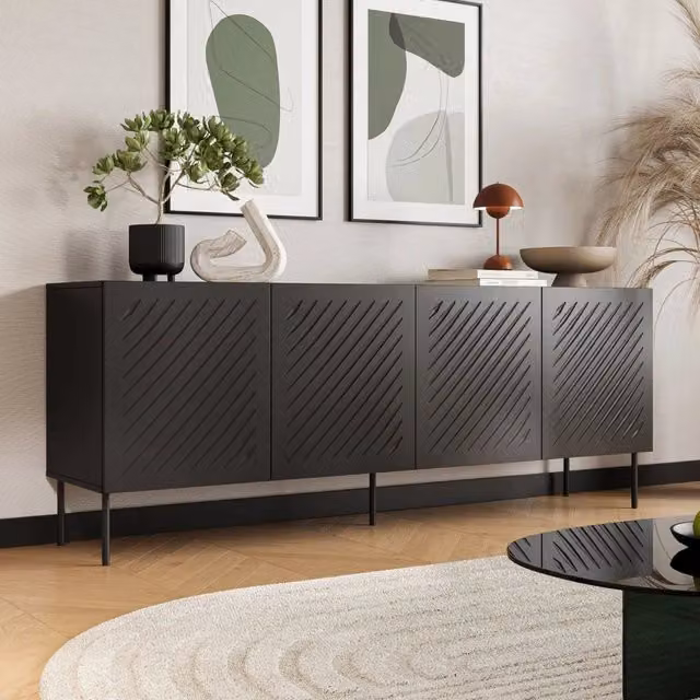 Madia Carema DMORA, Credenza Moderna con 2 Ripiani, Nero Opaco, L: 200.5 cm, P: 42 cm, H: 75 cm