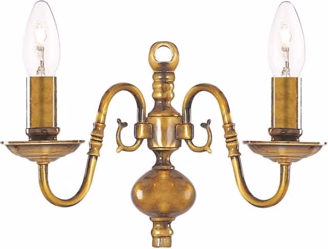 Applique Classica Fiammingo in Ottone con 2 Luci e Paralumi Trasparenti per Portalampada E14 – 1