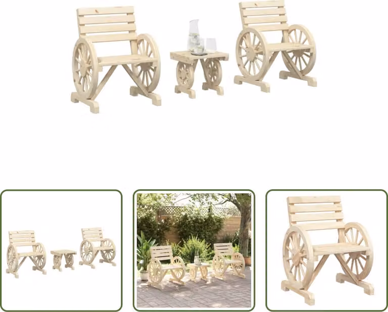 The Living Store Set di 3 pezzi da giardino in legno massiccio di abete. Set salotto da giardino in legno massiccio di abete