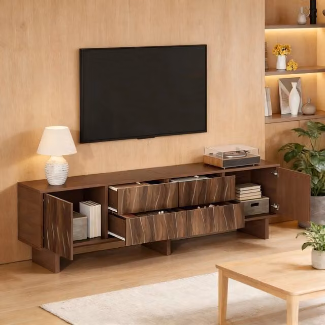 Mobile TV con 4 cassetti e 2 ante, design ondulato, per soggiorno, in truciolare, noce scuro, 180 × 40 × 56 cm