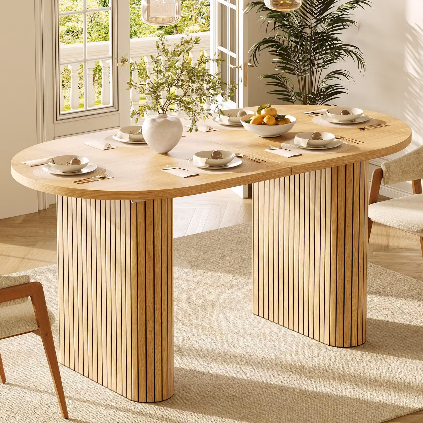 Tavolo da pranzo estendibile Flieks, 120-160 cm, tavolo ovale in legno con struttura verticale, capacità di carico fino a 60 kg, dimensioni: 120-160 x 80 x 75,5 cm, legno naturale