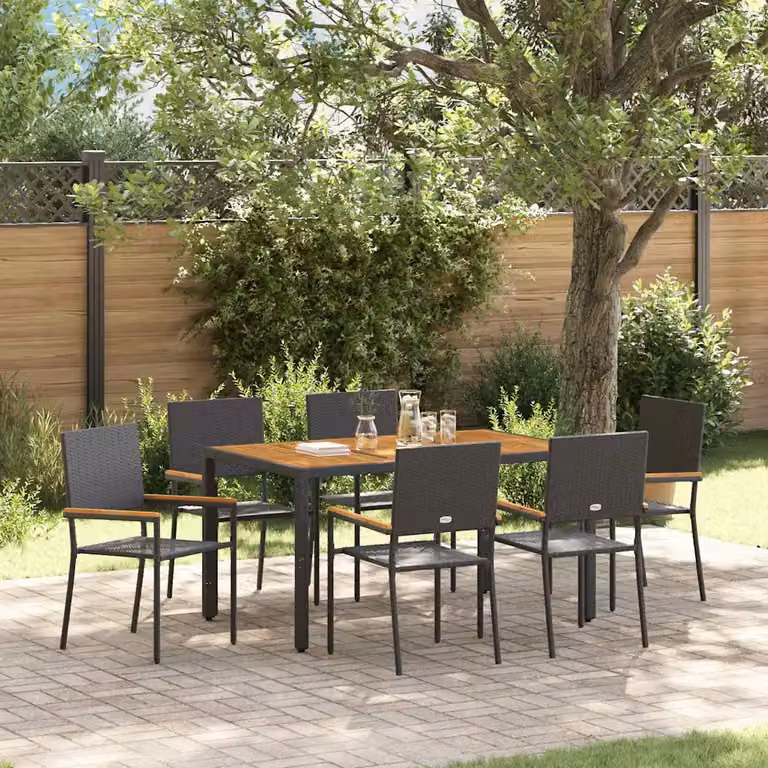 Set da Pranzo per Giardino e Terrazza vidaXL in Polyrattan Nero e Marrone con Tavolo in Legno di Acacia, 7 Pezzi