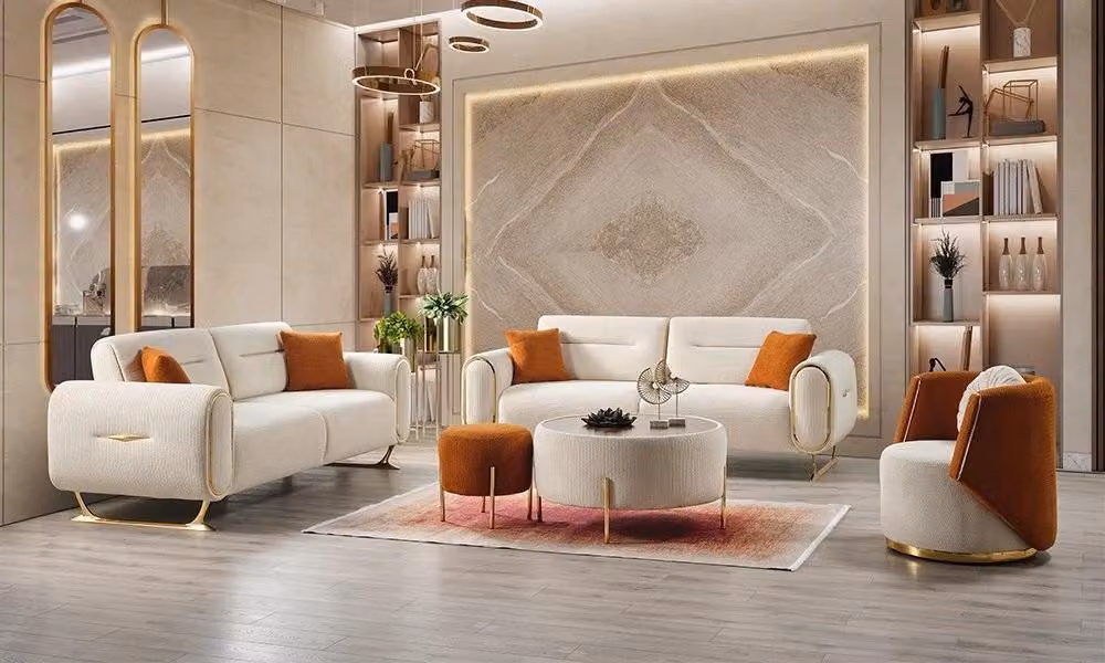 Set da salotto moderno bianco: divani in tessuto a 3+3+1 posti e poltrona morbida, 3 pezzi