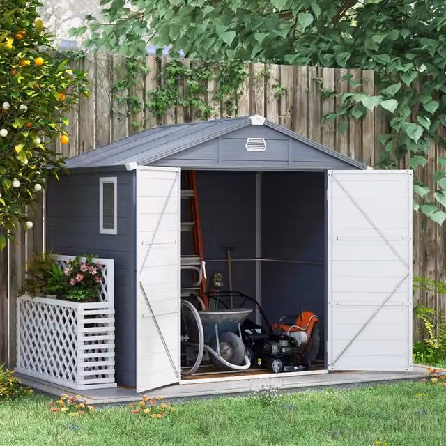 Cassetta da giardino REDOM in plastica grigia con finestra e porta singola L: 240 cm, P: 190 cm, H: 228 cm