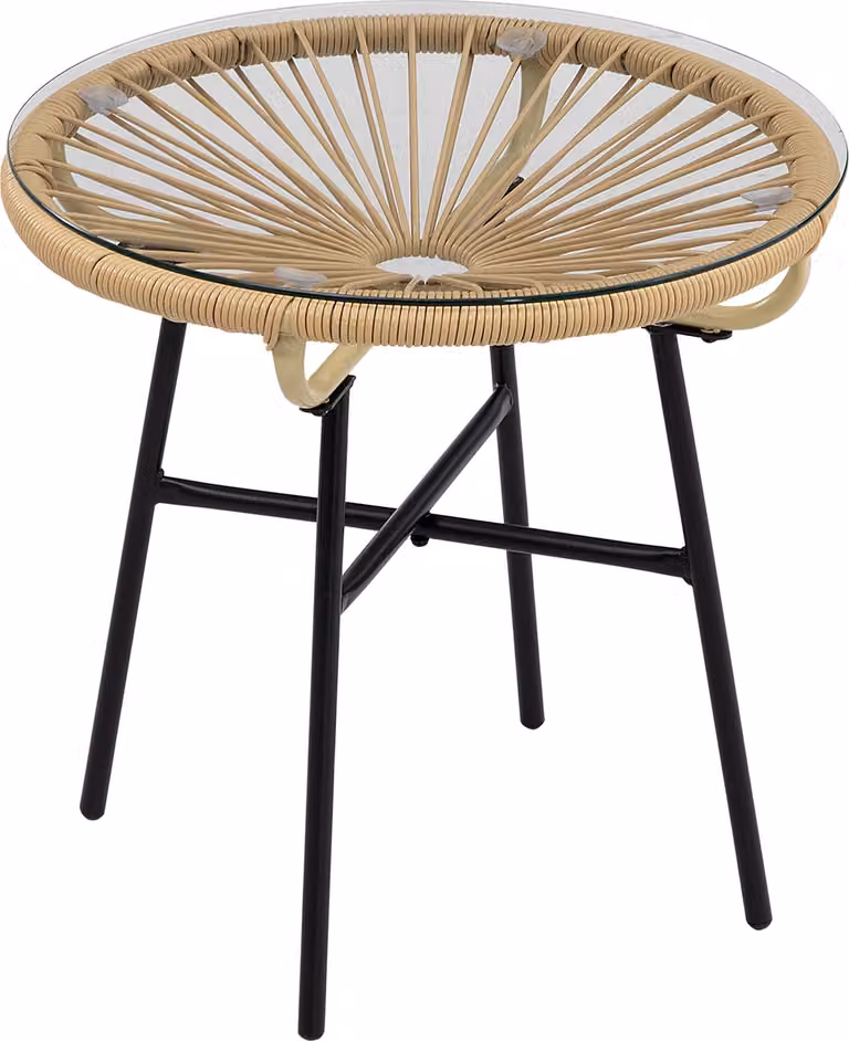Tavolo da giardino in stile boho, rattan PE, vetro temperato, resistente alle intemperie, 50 cm x 50 cm x 50 cm, beige