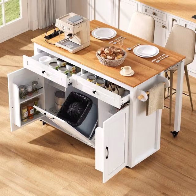 Isola cucina su ruote 120 x 40-75 x 92 cm in MDF bianco con piano allungabile e prese
