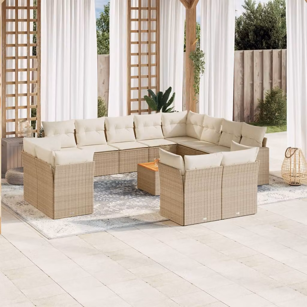 vidaXL Set Divano da Giardino a L composto da 13 pezzi con Cuscini Beige e Tavolino da Esterno in Polyrattan e Acciaio Verniciato a Polvere