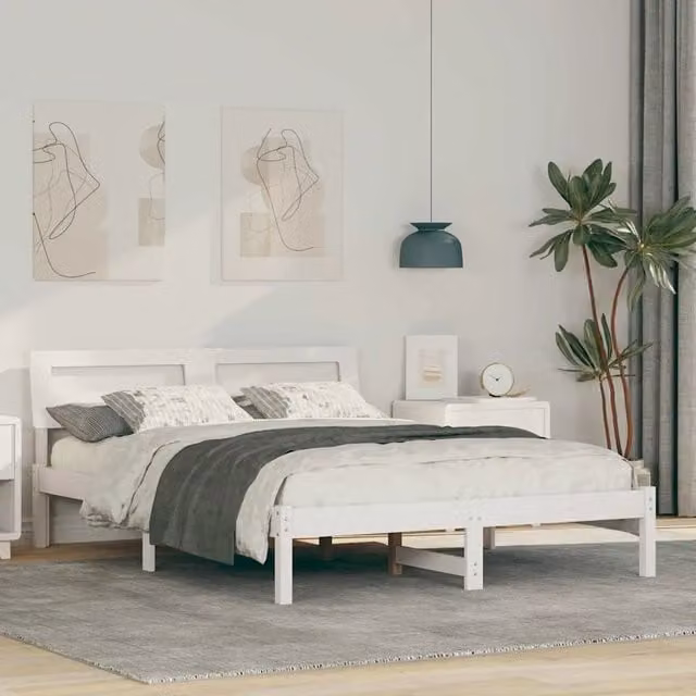 Letto moderno vidaXL in pino massello laccato bianco L 140 x P 190 cm