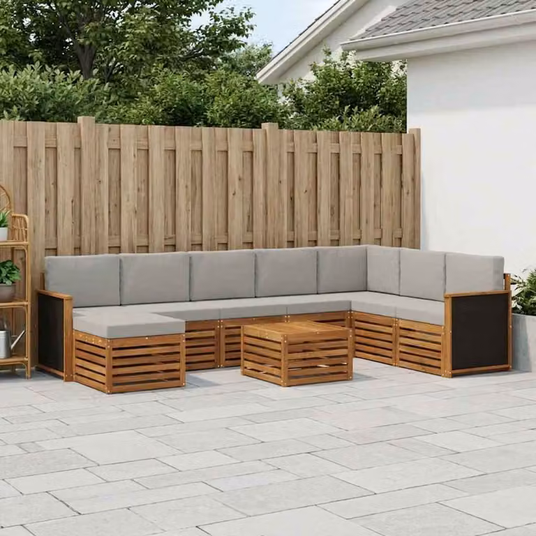 vidaXL Set di divani da esterno a L composto da 9 pezzi in legno di acacia con cuscini, colori beige, grigio e marrone