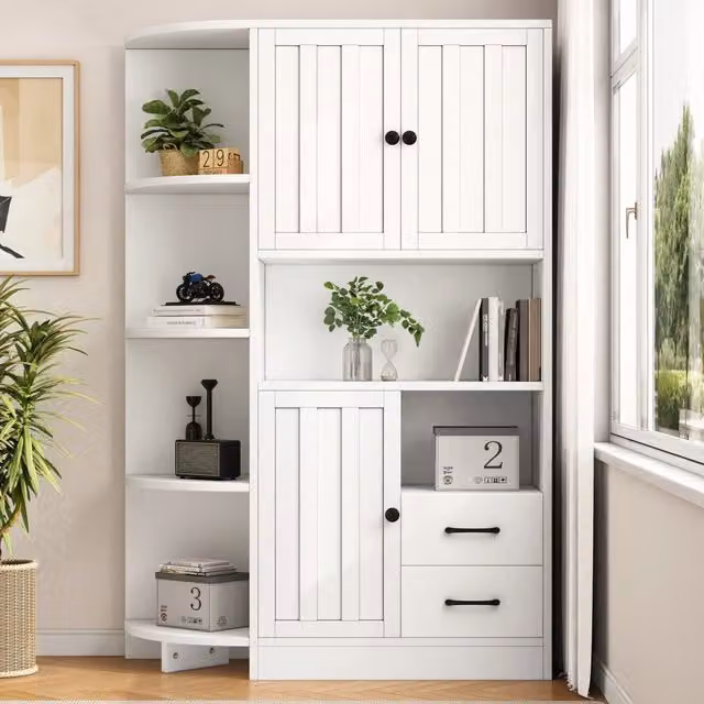 Libreria angolare 104 x 35 x 155 cm con tre armadietti e due cassetti; truciolato bianco