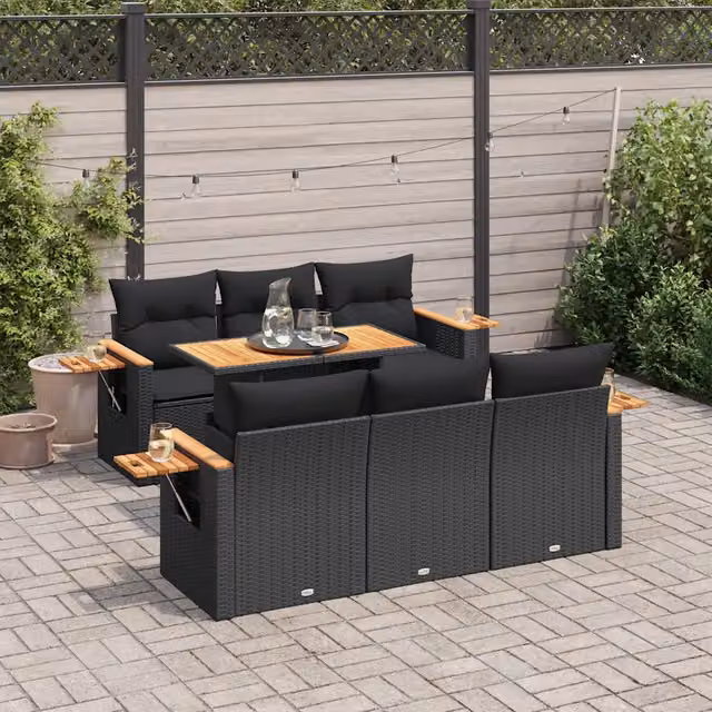 Set Divani da Giardino con Cuscini 7pz Nero Polyrattan Acacia 3327555