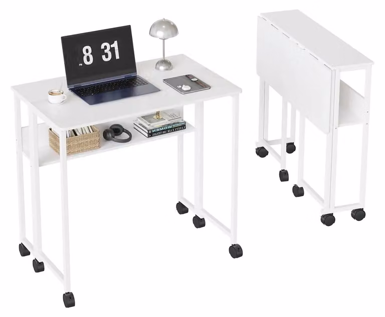 Scrivania pieghevole con rotelle - Tavolo compatto per computer da 63 cm - Con ripiano - Postazione di lavoro mobile - Struttura in metallo - Bianco