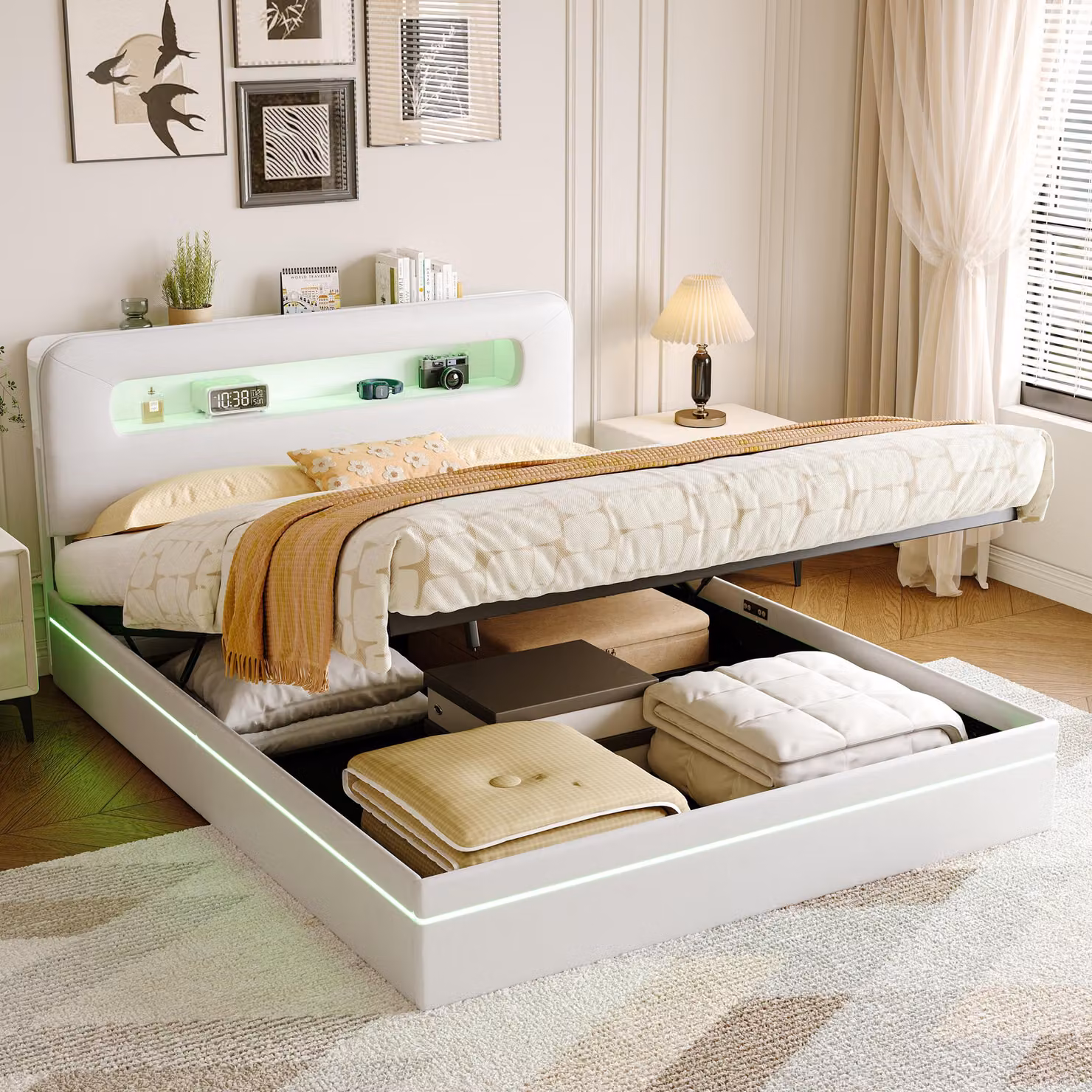 UnboxG Letto imbottito 160x200cm Beige con illuminazione a LED - Letto contenitore idraulico con mensola sulla testata, letto matrimoniale in velluto con rete e design moderno