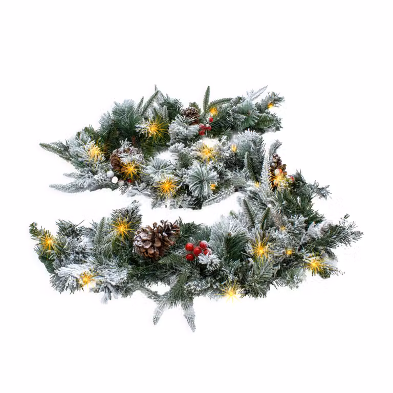 3.12.A14 Ghirlanda natalizia con neve - bacche - illuminata 50 LED / batteria / timer - lunghezza: 274 cm (HSG10F-274)
