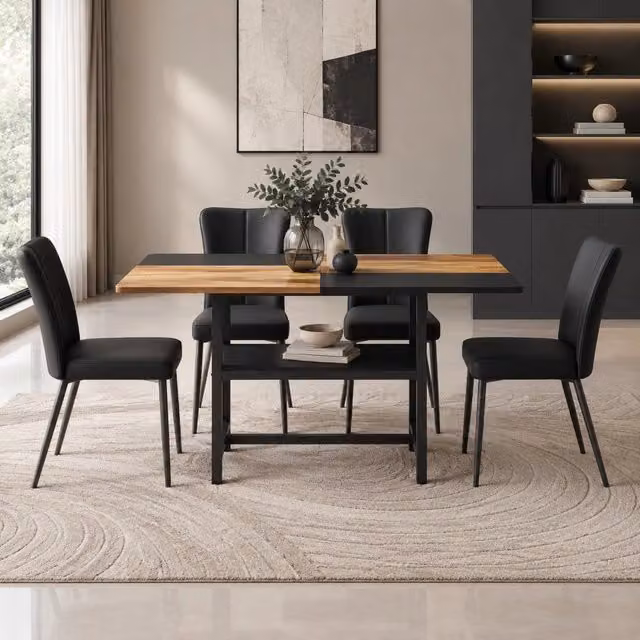Set tavolo da pranzo rettangolare 160 cm con ripiano e 4 sedie in PU marrone e nero