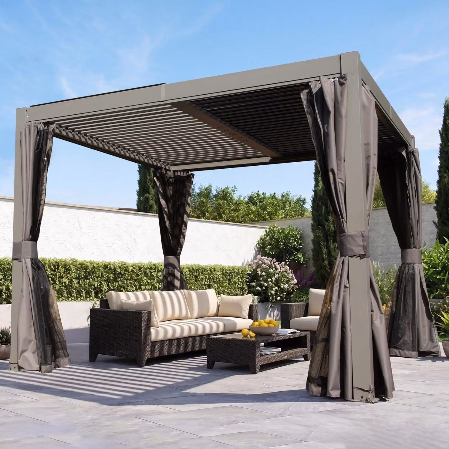 Pergola a lamelle in alluminio, autoportante, dimensioni 3x3 metri, con 2 tetti regolabili, resistente alle intemperie, colore grigio
