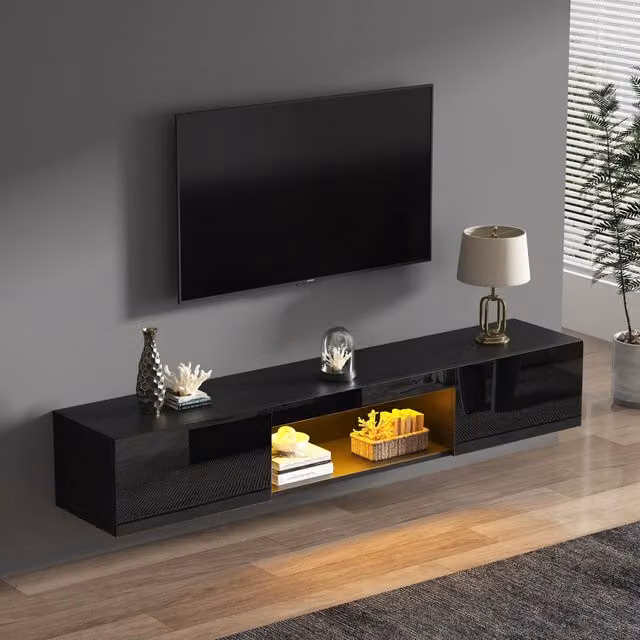 Mobile TV sospeso con LED e 2 ante a ribalta nero frontale lucido per TV fino a 70 pollici 160 × 31 × 22 cm