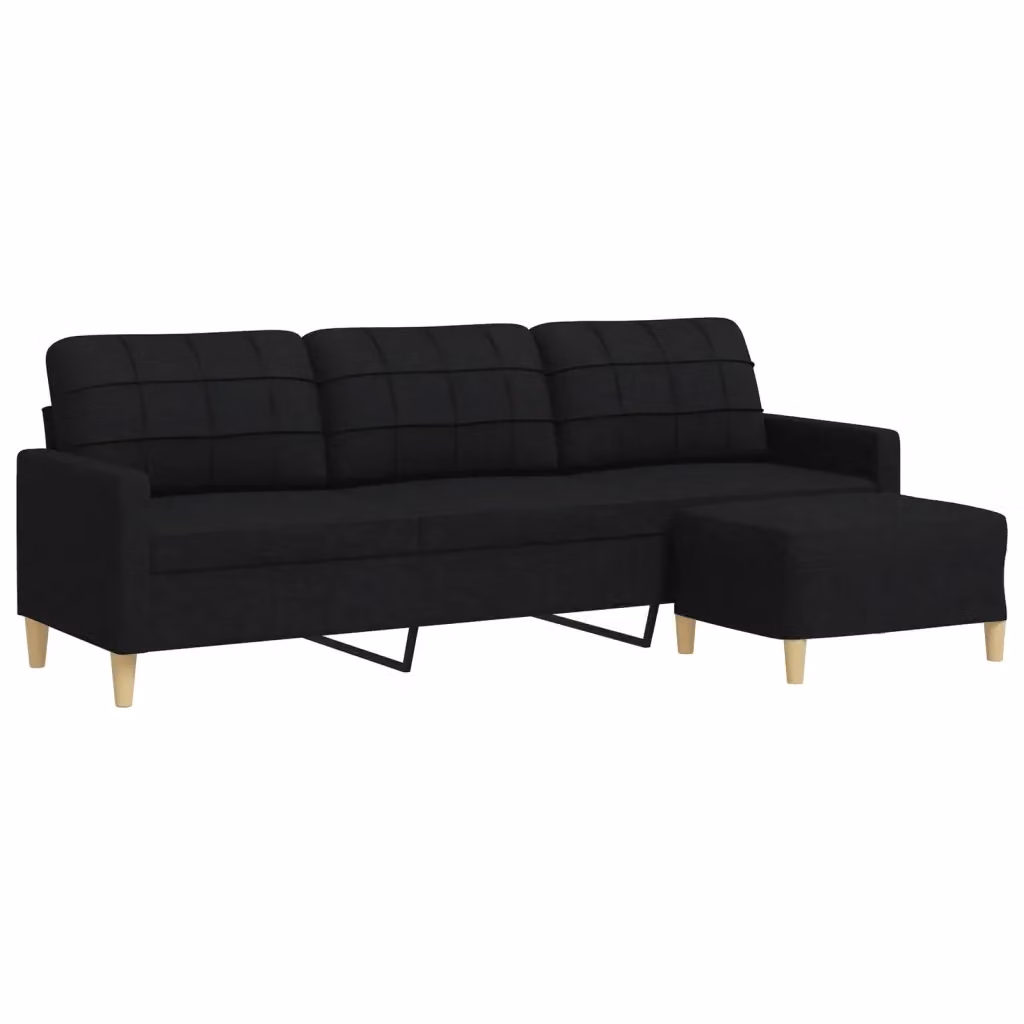 vidaXL Divano a 3 Posti Moderno con Poggiapiedi in Tessuto Nero L: 226 cm, P: 80 cm, H: 77 cm – 2
