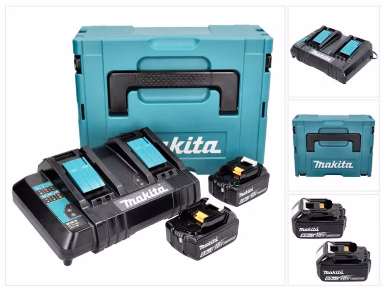 Kit alimentatore Makita 18 V con 2x batteria BL 1860 B 6,0 Ah ( 197422-4 ) + caricabatterie doppio DC 18 SH ( 199687-4 ) + Makpac