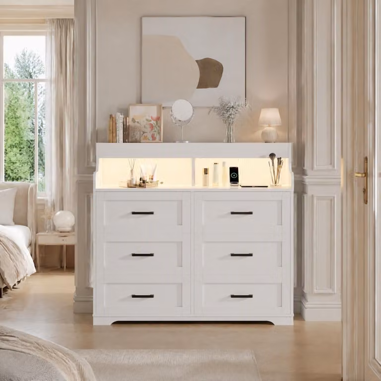 Comò INONEFT con illuminazione a LED, porte USB di tipo C e porte USB, mobile contenitore con 6 cassetti e 3 vani a giorno, dimensioni 40x110x99 cm, colore bianco