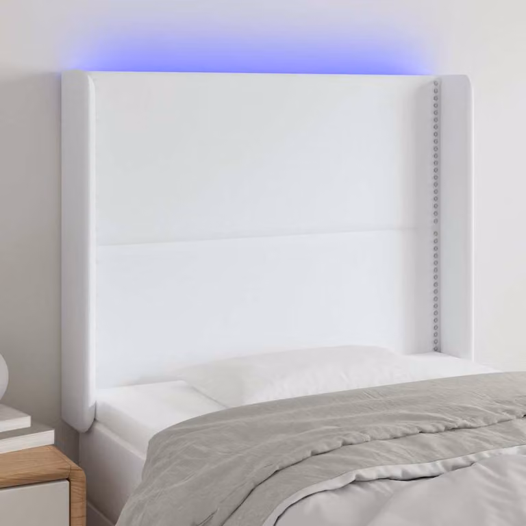 Testiera per letto vidaXL in similpelle bianca con illuminazione LED integrata e porta di ricarica USB, L: 103 cm, P: 16 cm, H: 118/128 cm
